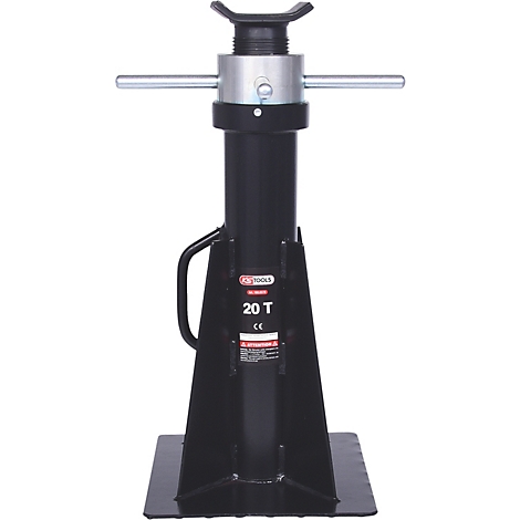 Schwarze, robuste Stütze mit Griff, silbernen Schrauben und einem "20 T" Aufdruck. Das Werkzeug steht auf einem rechteckigen Sockel.